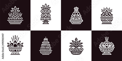 Icon Set Vector of 8 Thai Offerings Fruit Flower Arrangements