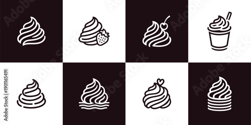 Icon Set Vector of 8 Whipped Cream Dessert Toppings and Sweet Treats