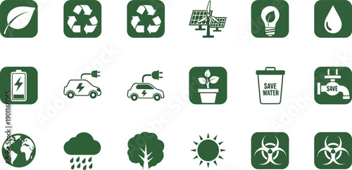 Eco-Friendly Icons: A collection of meticulously designed icons representing a diverse array of environmentally conscious concepts, offering a visual vocabulary for sustainability.