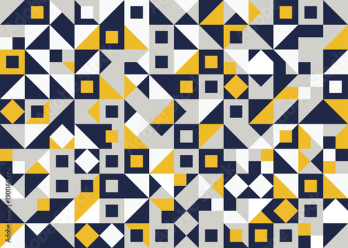 Abstract geometric pattern of triangles and squares in navy blue, yellow and grey shades. Eps 10