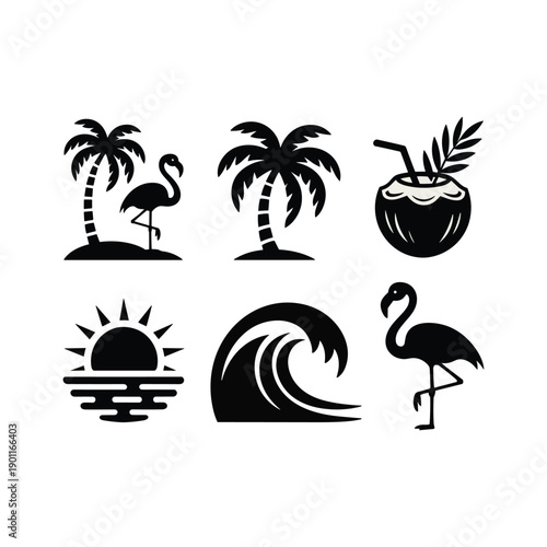 Black and white tropical including palm trees flamingos wave sun and coconut vector illustration isolated on white background.