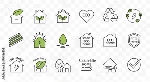 A comprehensive set of line icons representing real estate, property management, smart home technology, and urban development concepts.
