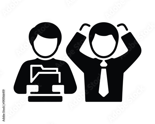 Two stylized businessmen figures one holding folders and the other in distress isolated on transparent background