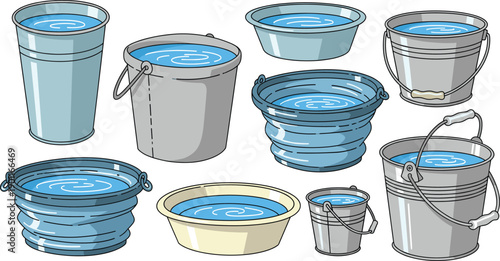 Water Bucket And Folding Basin Set With Metal Plastic Containers Filled With Liquid For Cleaning In Vector Illustration