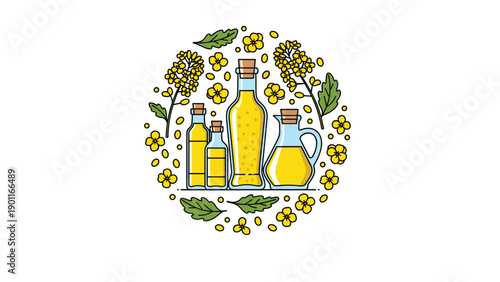 Circular composition featuring various bottles and a pitcher of golden canola oil, surrounded by bright yellow canola flowers and seeds.