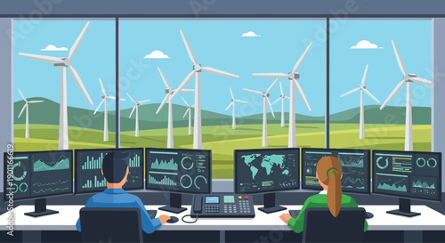 Renewable energy control room operators monitoring wind farm turbines.