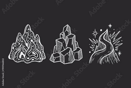 Three mystical rock and mountain hand-drawn icons set in vintage engraving style.