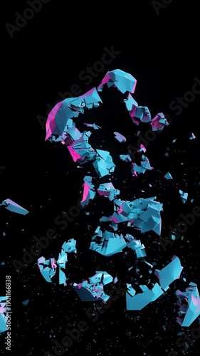 Abstract 3D glitch art sculpture in bright cyan and magenta polygons dissolving