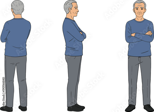 Elderly or old man Man Walking with Cane Character Constructor for Animation  Senior Male Multi View Front Side Back, Body Parts and Pose Set Vector Illustration
