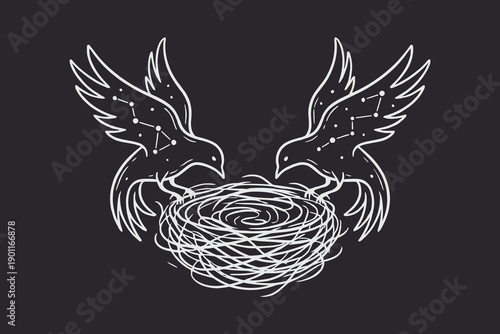 Two mystical birds with starry wings nesting illustration.
