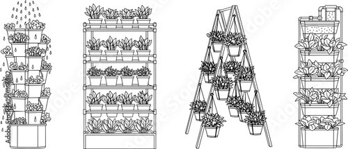 vertical garden planter illustrations, indoor plant shelves, hydroponic tower systems, ladder plant stands, modern gardening, flat vector illustration, line art