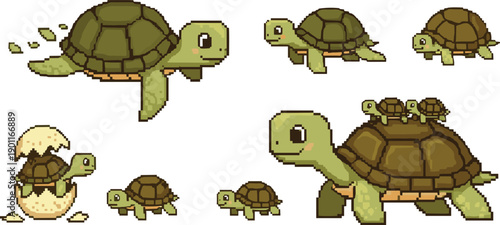 Pixel Art Turtle And Baby Hatchling Character Set Showing Walking Hatching And Family Moments In Retro Game Style