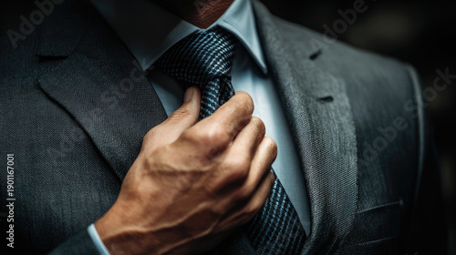 A man is adjusting his tie and wearing a tailored suit in low light