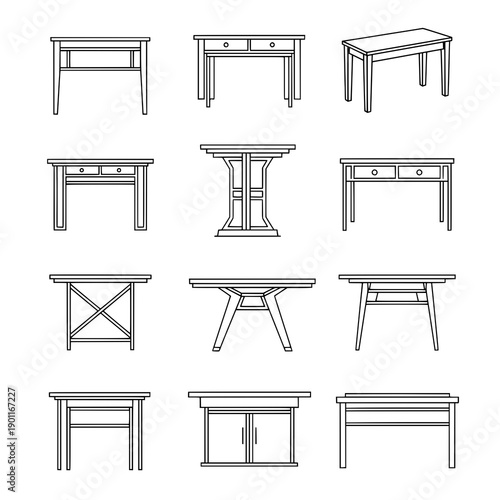 Table outline line art vector illustration set for interiors