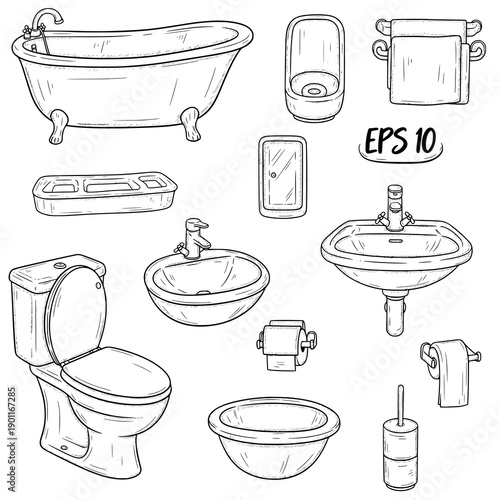 Hand drawn bathroom interior elements sketch vector set