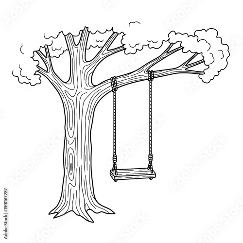 Hand drawn tree with swing sketch vector illustration