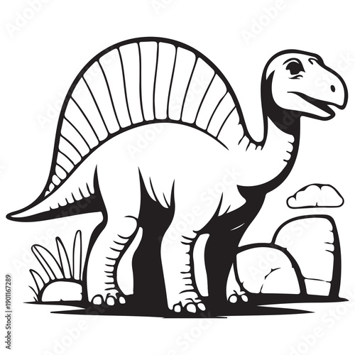Cute Cartoon Dinosaur Black and White Illustration