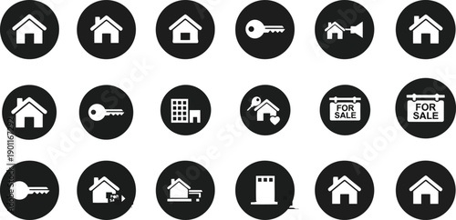 Property Icons Collection: A curated collection of essential property icons, including house symbols, key representations, and for sale signs.
