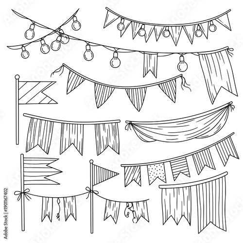 Festival decoration flags and lights outline vector illustration set