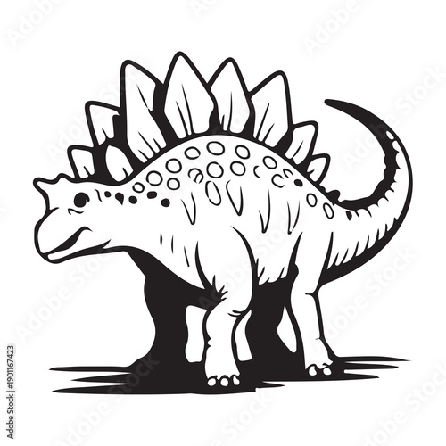 Cute Cartoon Dinosaur Black and White Illustration