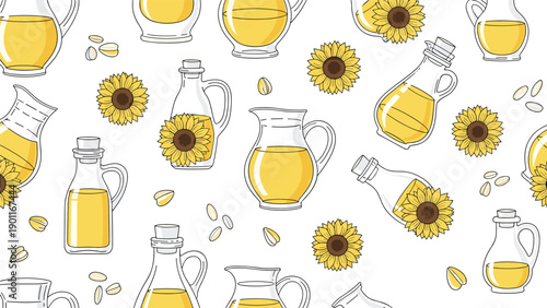 Vibrant seamless pattern featuring clear glass bottles and pitchers filled with golden sunflower oil, interspersed with cheerful sunflowers and seeds.