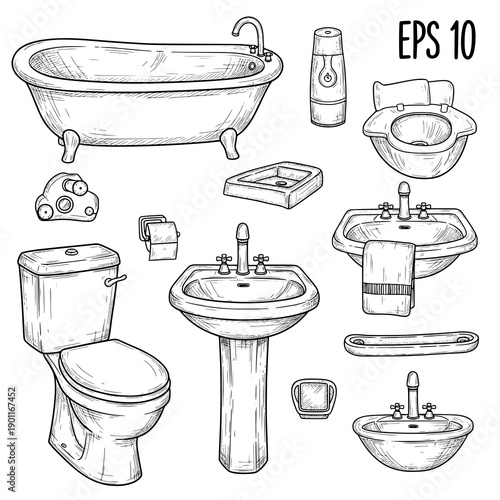 Bathroom fixtures outline line art vector illustration set