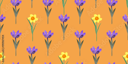 Seamless pattern with daffodils and irises on a light background. Cute floral print. Hand-drawn illustration. Vector design. For interior design, packaging, wallpaper, package design, or print.