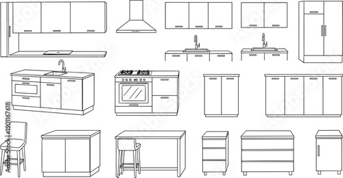 Modular Kitchen Furniture And Appliance Line Art Set With Cabinets Sink Stove Island And Refrigerator In Outline Vector Illustration