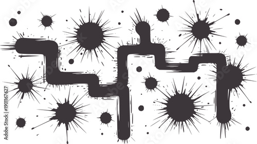 Abstract black and interconnected maze with ink splatter explosions