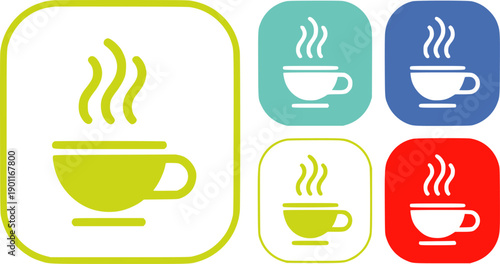 Four colorful square with steaming coffee cups in green yellow blue and red squares