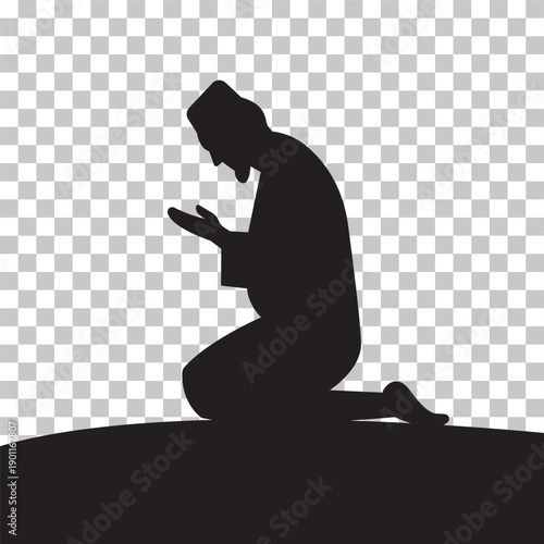 Silhouette of a Muslim man kneeling in prayer, hands raised in supplication, on a transparent background.