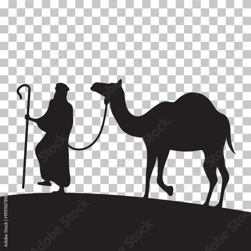 Silhouette of a man in traditional robes leading a camel across a desert landscape.