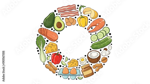 Circular composition of delicious ketogenic diet foods including salmon, avocado, bacon, eggs, cheese, and various vegetables, promoting healthy eating.