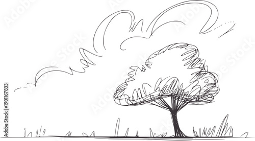 Minimalist black and ink of a windblown tree in a landscape