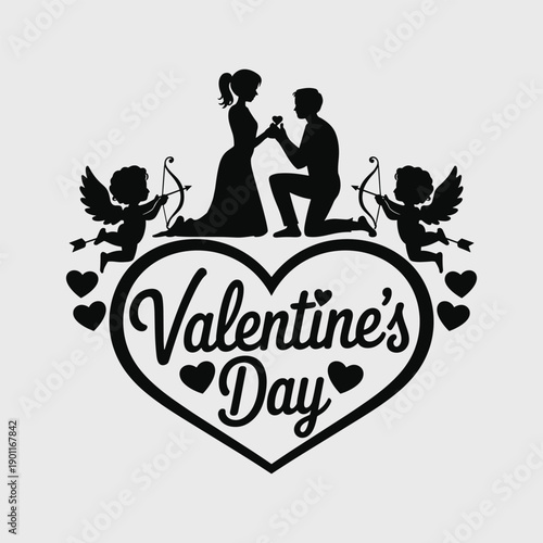 Black silhouette of man proposing to woman on Valentine's Day with cherubs valentines day heart proposal