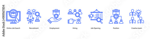 Hiring and Recruitment web banner icon vector illustration featuring Online Job Search, Recruitment, Employment, Hiring, Job Opening, Position, and Creative Team.