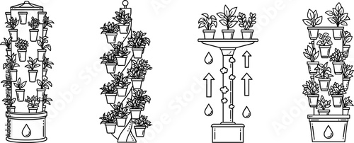 Vertical hydroponic garden system, indoor plant tower illustrations, sustainable urban farming with self watering pots, flat line vector illustration set