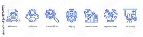 Workplace Essentials web banner icon vector illustration featuring Performance, Cooperation, Human Resource, Company, Economic Growth, Employee Benefits, and Job Vacancy.
