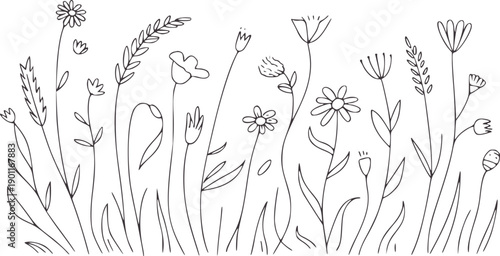 Minimalist black and line of various wildflowers and grasses
