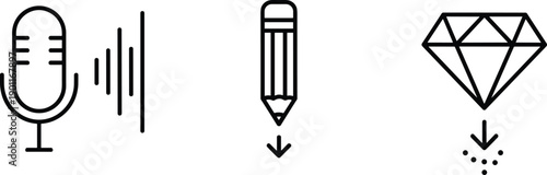 Voice, to, idea, workflow, microphone, writing, creativity, content, creation, innovation, inspiration, process, communication, design, concept, minimal, line, icon, flat, vector