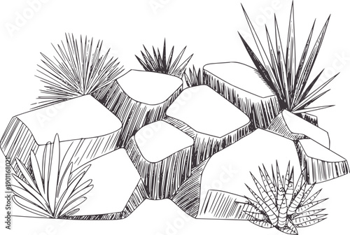 Minimalist black and of angular rocks with spiky plants