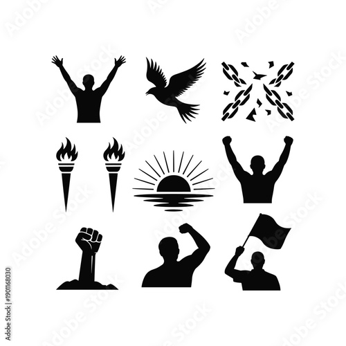 Black silhouettes of people freedom symbols vector illustration isolated on white background.