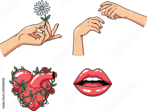 Hands Holding Flower Romantic Anatomical Heart With Roses And Red Lips Illustration Set In Artistic Vector Style
