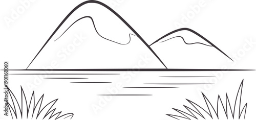 Minimalist black and of mountains and lake with reeds peaks