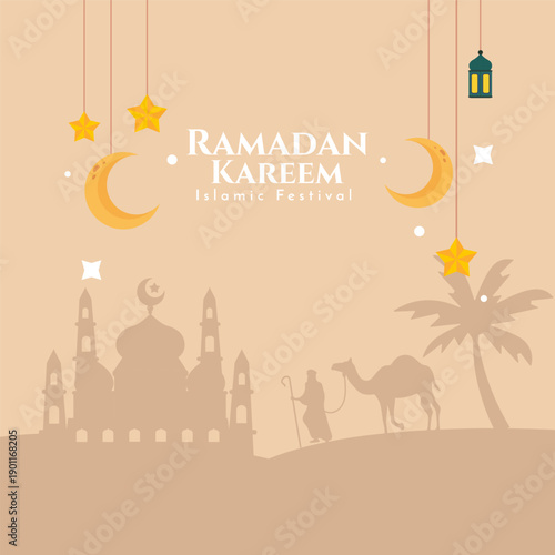 Ramadan Kareem Islamic festival scene with a mosque, camel, palm tree, crescent moons, and stars in warm tones.