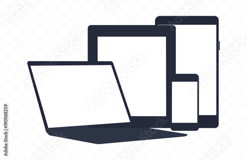 A 3d digital display featuring a laptop, tablet pc, and mobile phone with blank screens on an office desktop for business web communication and internet network technology.