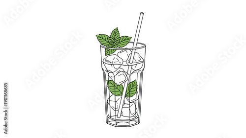 Refreshing outline drawing of a tall glass filled with ice cubes, fresh mint leaves, and a straw, resembling a classic mojito.