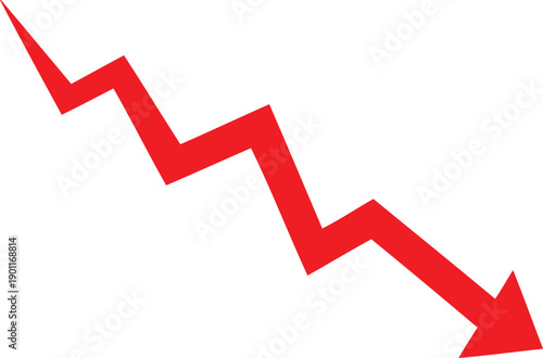 Red downward arrow decline icon, falling zigzag decrease loss trend warning vector symbol
