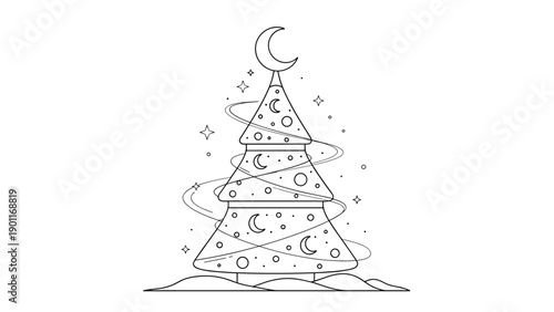 Whimsical outline drawing of a magical Christmas tree adorned with moon and star decorations, perfect for festive designs.