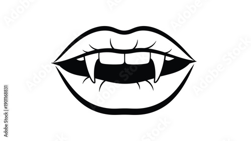 Striking silhouette illustration of seductive lips revealing sharp vampire fangs, perfect for Halloween and gothic themes.